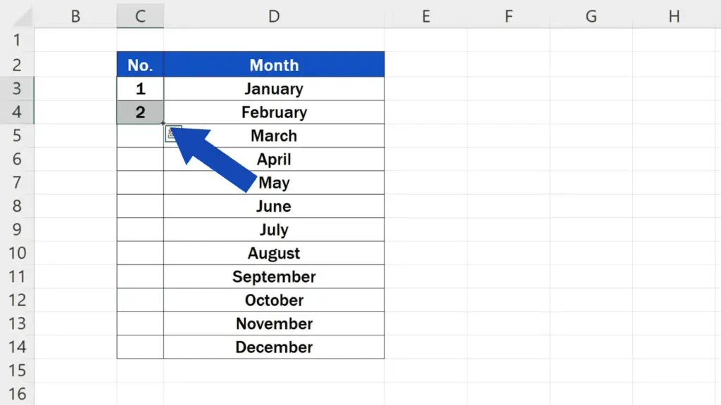 How to Number Rows in Excel - select these two cells, click on the bottom right-hand corner