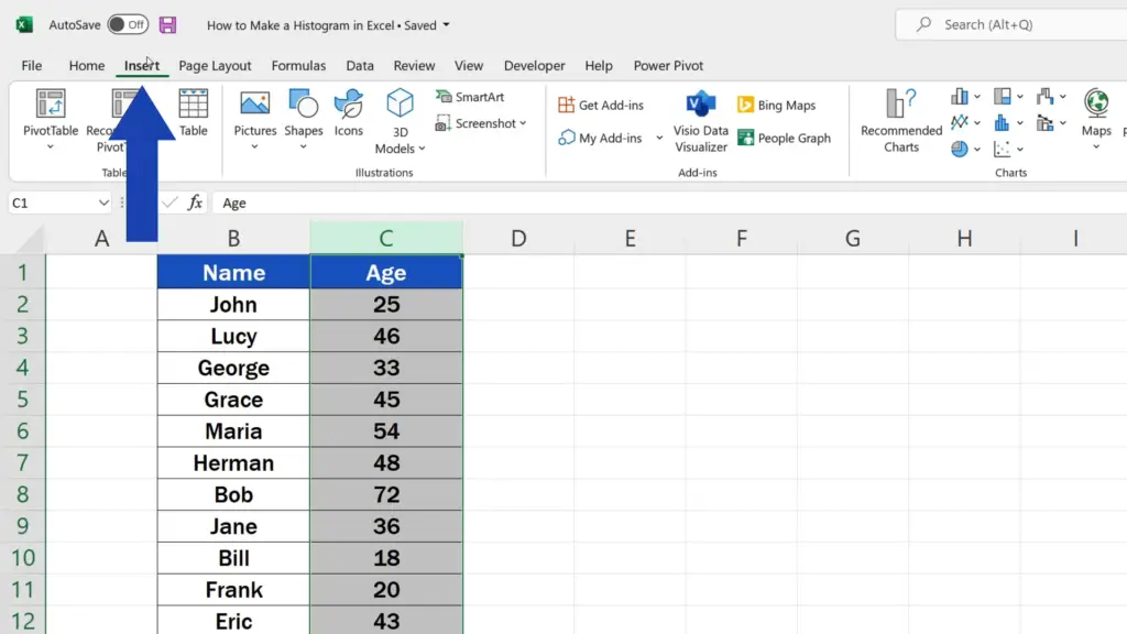 How to Make a Histogram in Excel - Go to Insert Tab