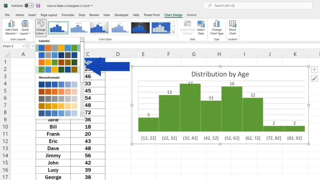 How to Make a Histogram in Excel - Use the button ‘Change Colors’ to pick the colour you like