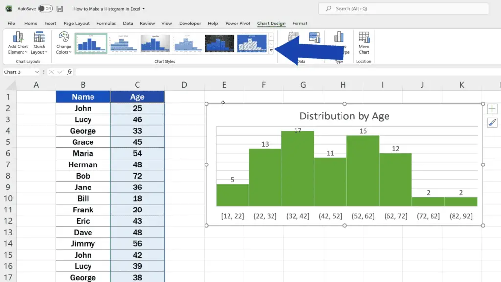 How to Make a Histogram in Excel - click on the downward pointing arrow