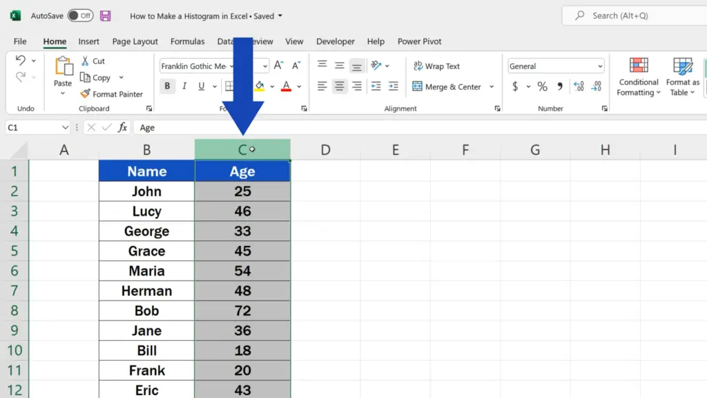 How to Make a Histogram in Excel - select the whole column C