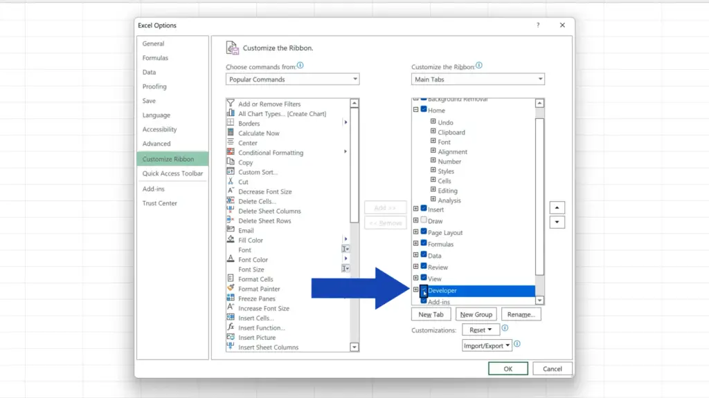 How to Add Developer Tab in Excel - Select Developer Tab Option