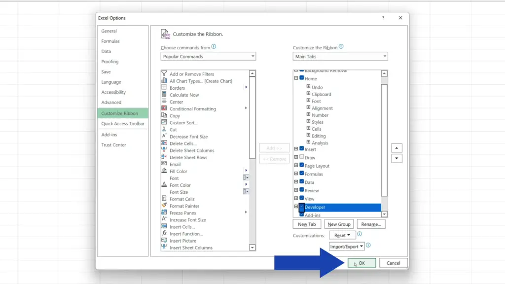 How to Add Developer Tab in Excel - click on OK