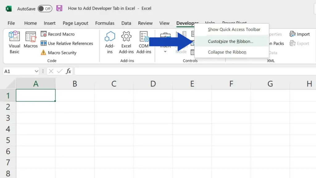 How to Add Developer Tab in Excel - click on the Customize the Ribbon