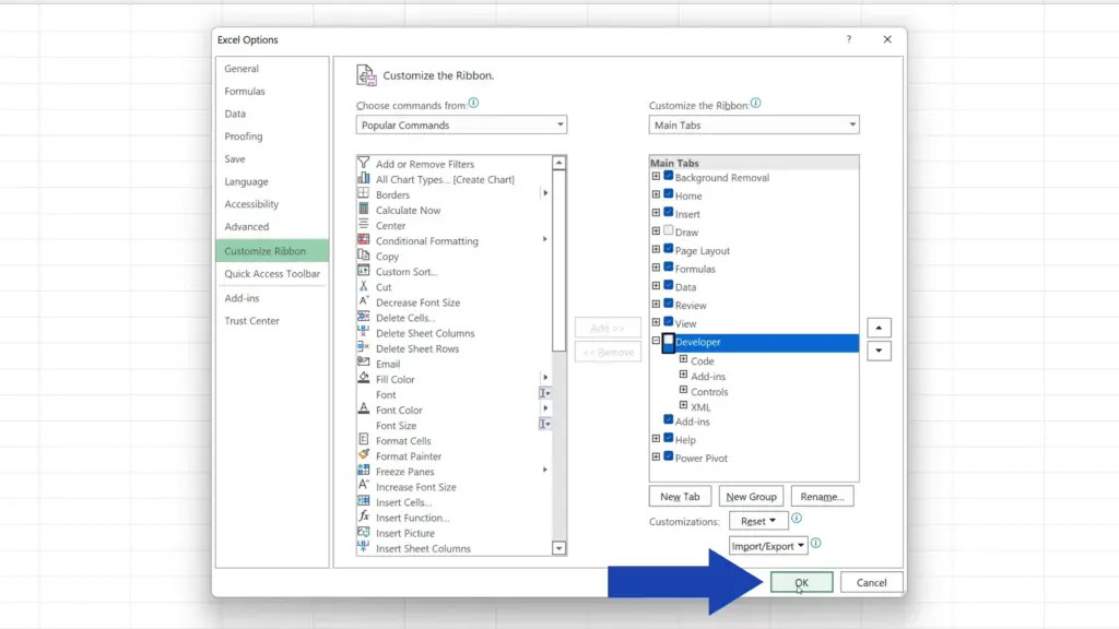 How to Add Developer Tab in Excel - click on the OK button