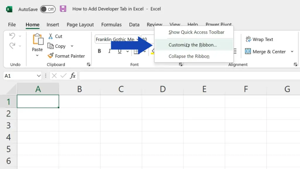 How to Add Developer Tab in Excel - click on the option ‘Customize the Ribbon