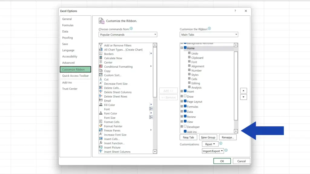 How to Add Developer Tab in Excel - pop-up window with  list of tab name