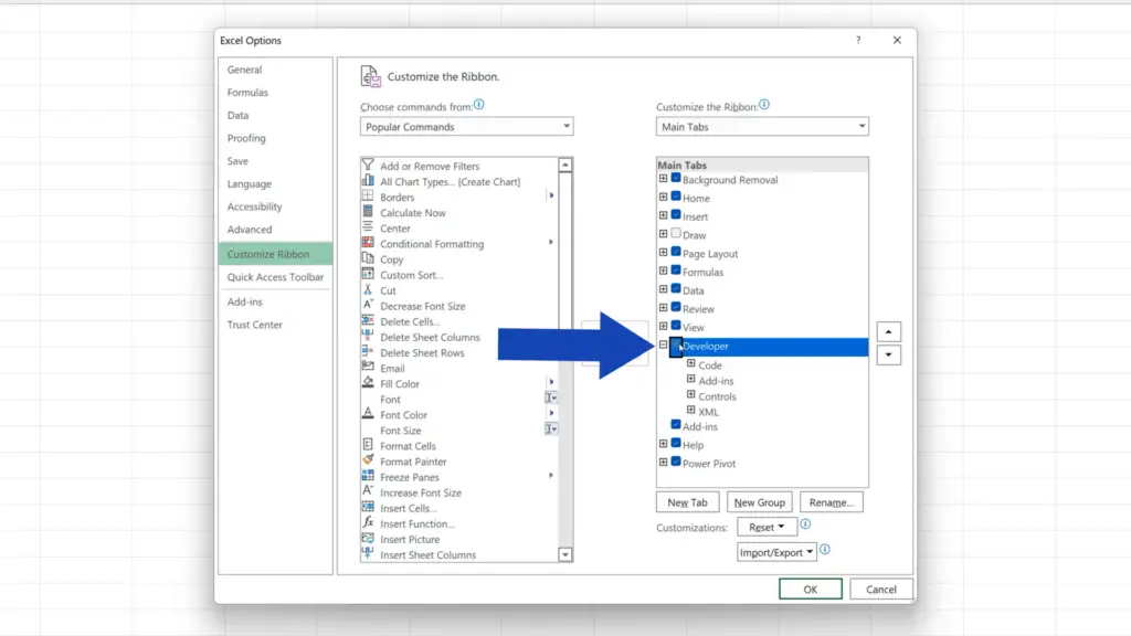 How to Add Developer Tab in Excel - unselect the developer tab