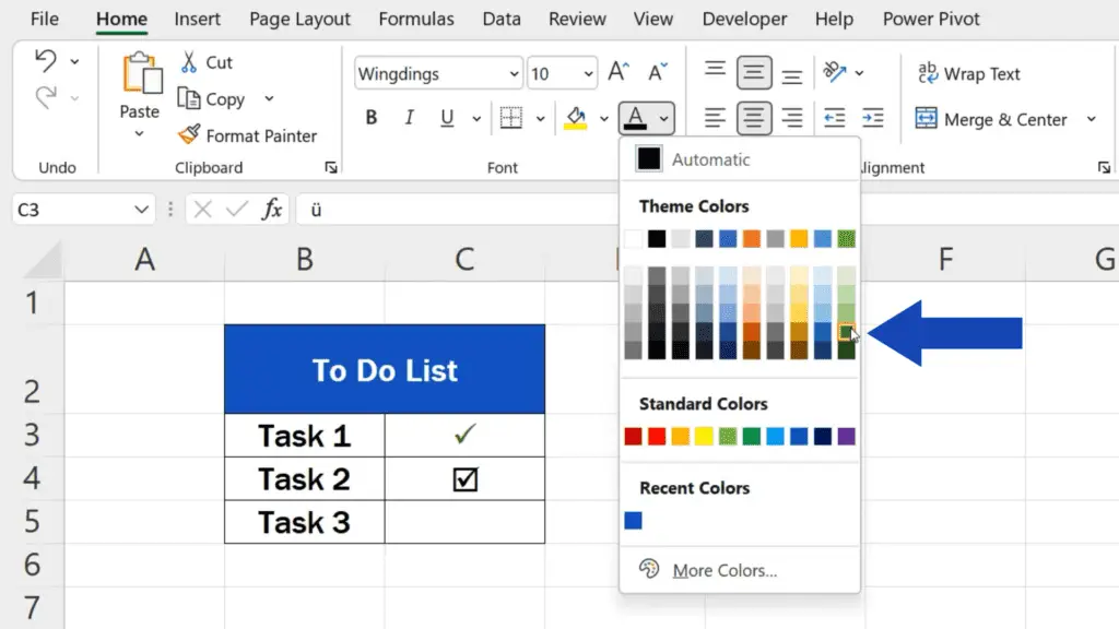 How to Insert Check Mark in Excel - adjust the colour of check mark