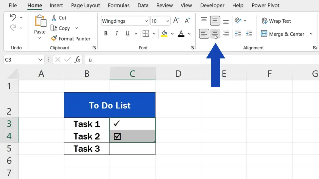 How to Insert Check Mark in Excel - click on the alignment option