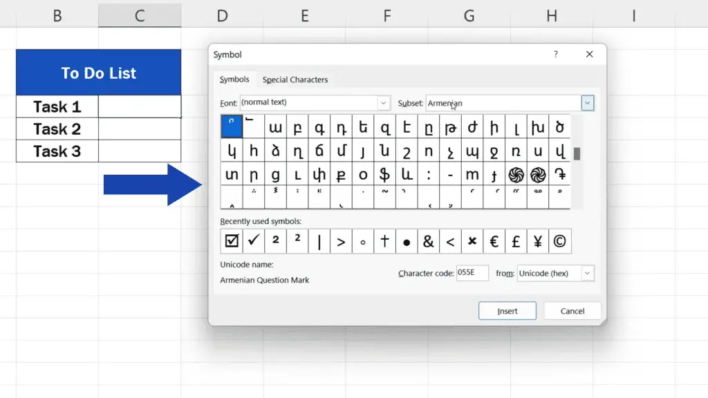 How to Insert Check Mark in Excel - pop-up window appeared