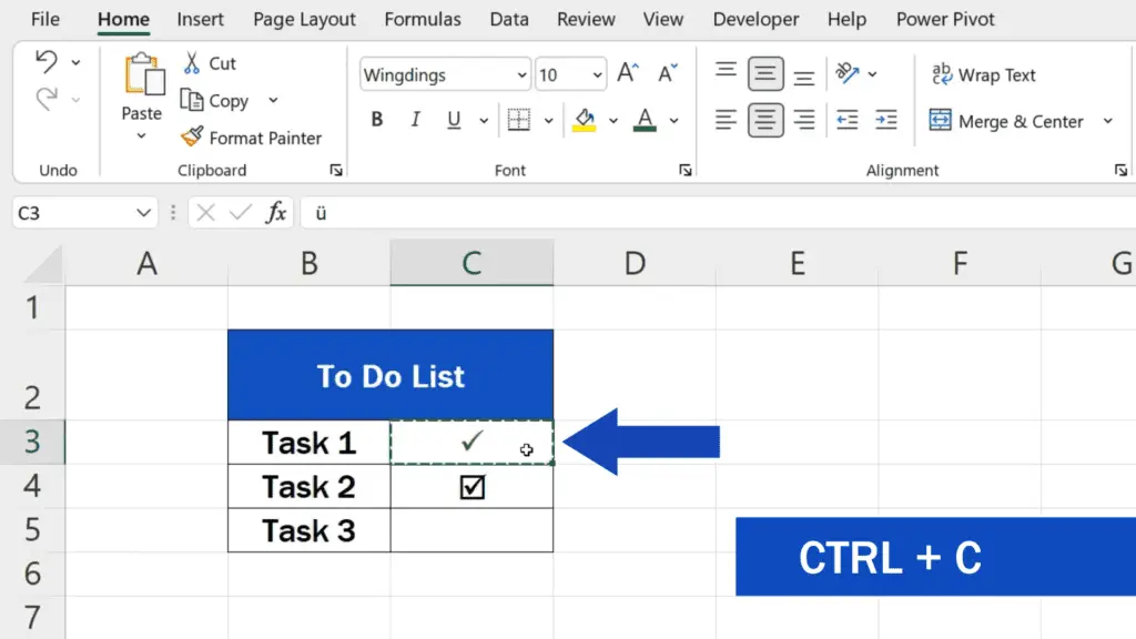 How to Insert Check Mark in Excel - press the Control button and C