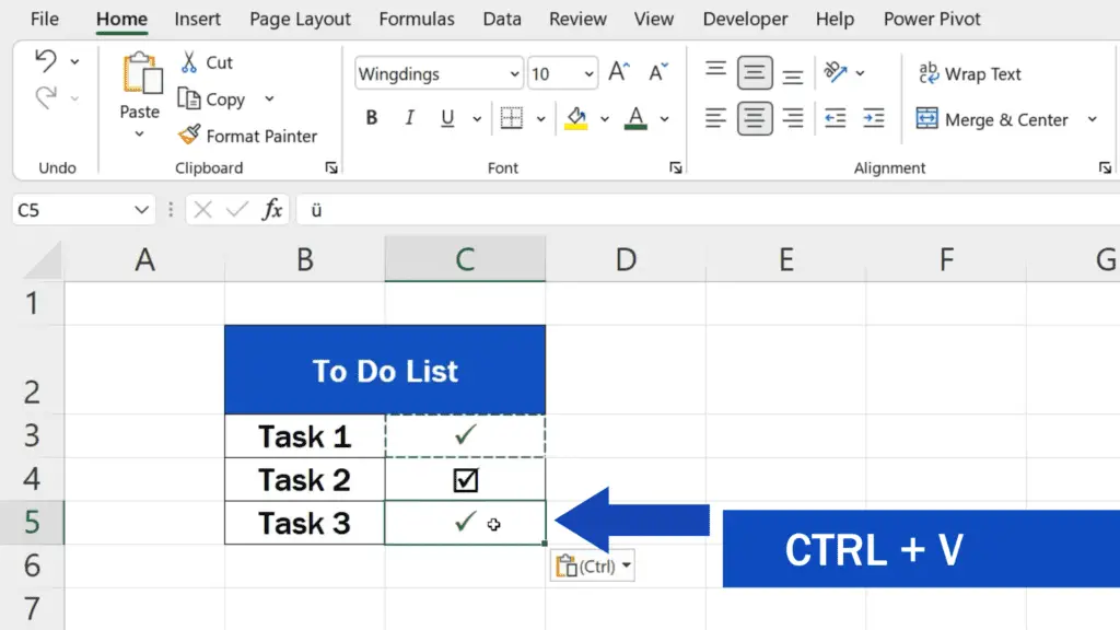 How to Insert Check Mark in Excel - press the Control key and V