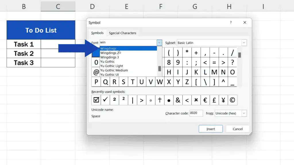 How to Insert Check Mark in Excel - select ‘Wingdings’ as font