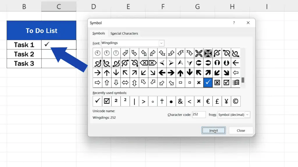 How to Insert Check Mark in Excel - symbol appears in the selected cell