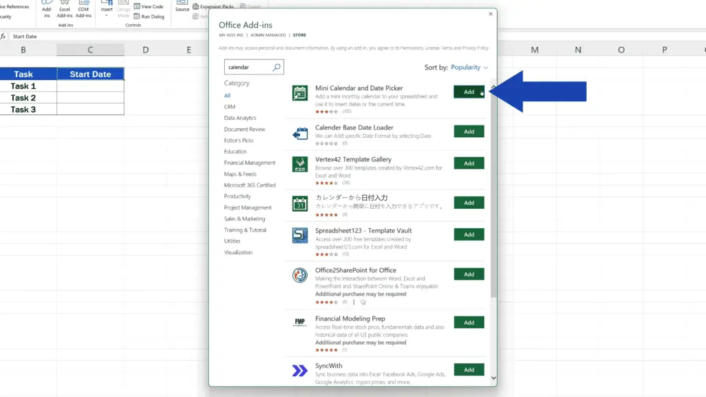 How to Insert a Calendar in Excel - Click on Add