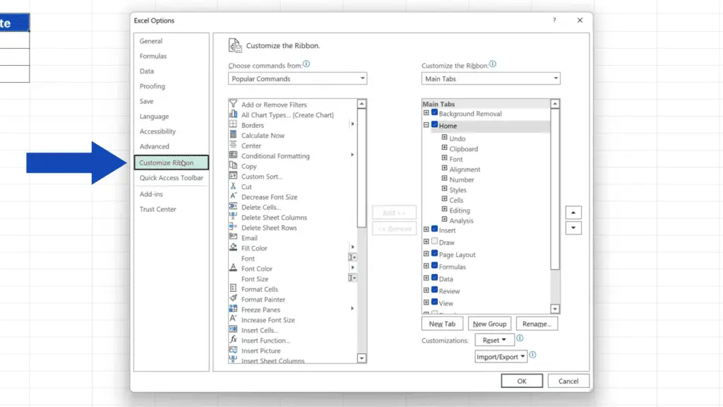 How to Insert a Calendar in Excel - Click on Customize Ribbon