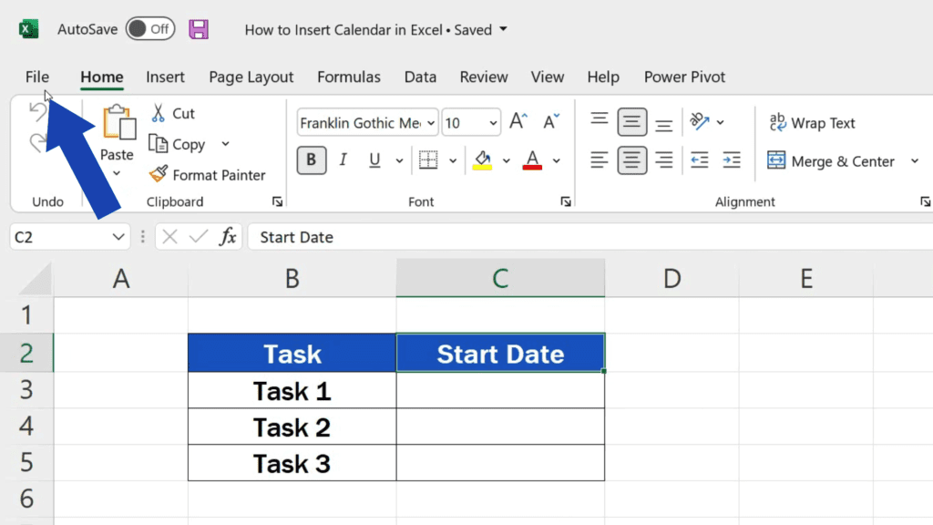 How to Insert a Calendar in Excel - Click on File