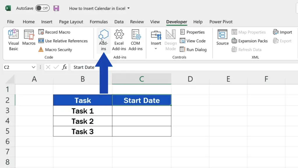 How to Insert a Calendar in Excel - Open the Developer tab and click on ‘Add-ins’