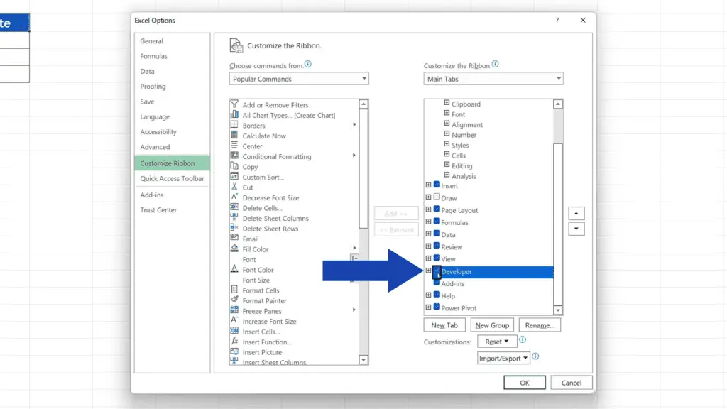 How to Insert a Calendar in Excel - Select Developer to activate developer tab