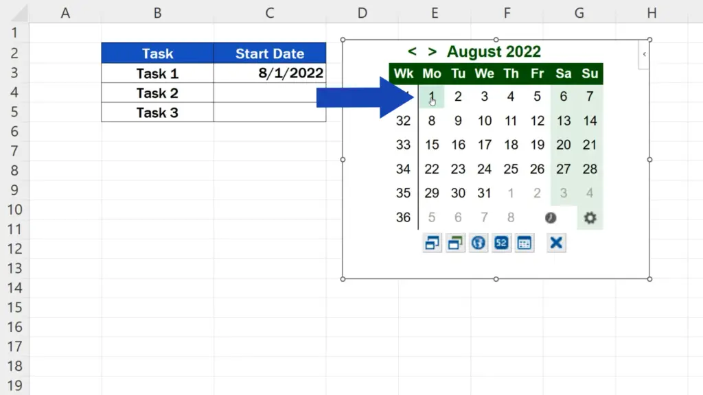 How to Insert a Calendar in Excel - Task 1 is supposed to start on the 1st of August