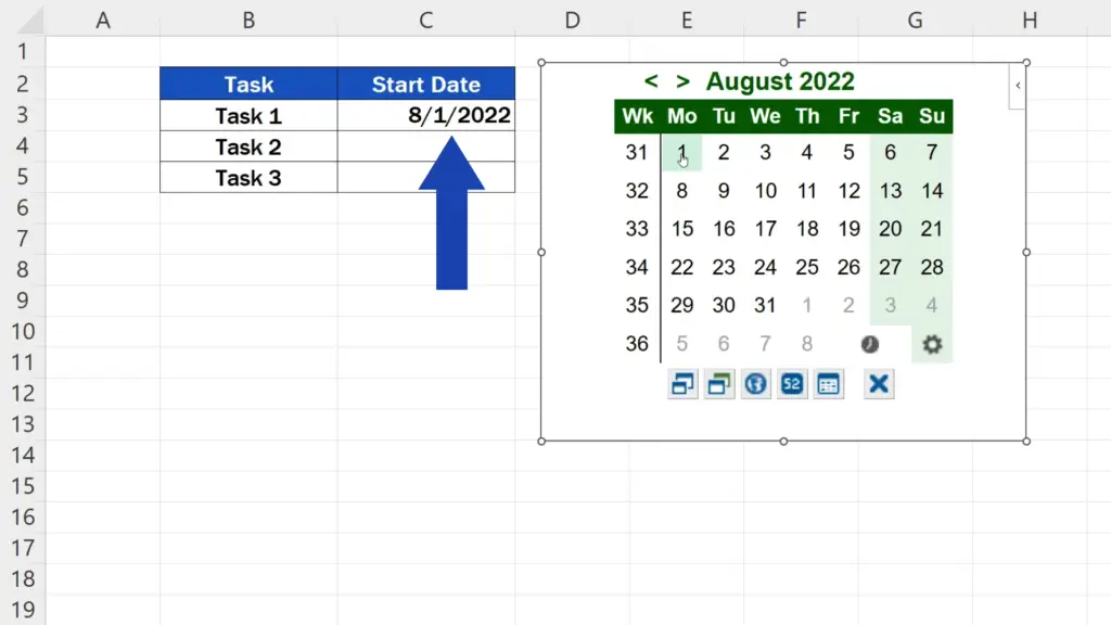 How to Insert a Calendar in Excel - The date’s in the cell C3 just as we wanted
