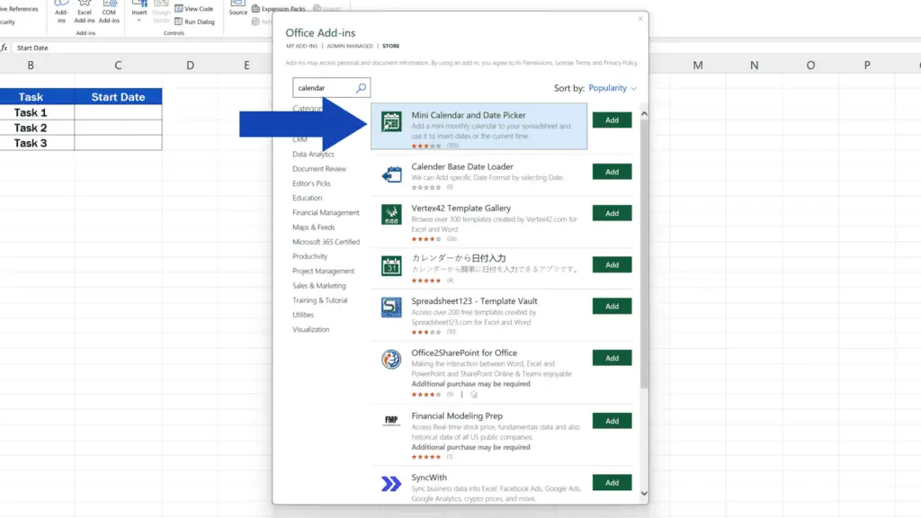 How to Insert a Calendar in Excel - open the Office Store and type ‘Calendar’ in the search field