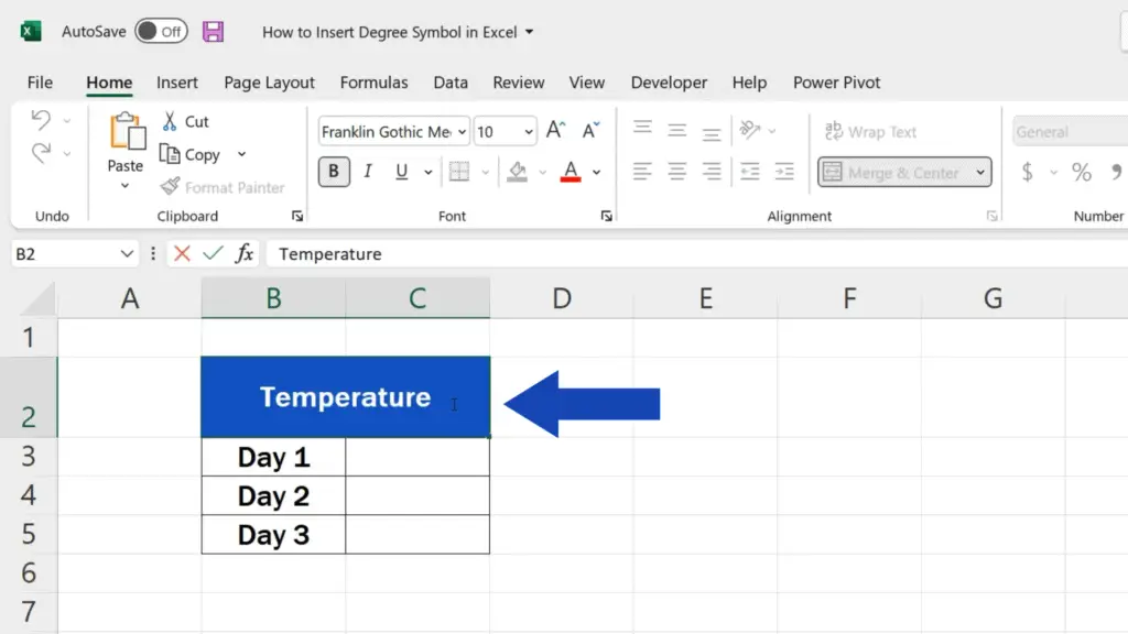 How to Insert the Degree Symbol in Excel -  click on the target cell