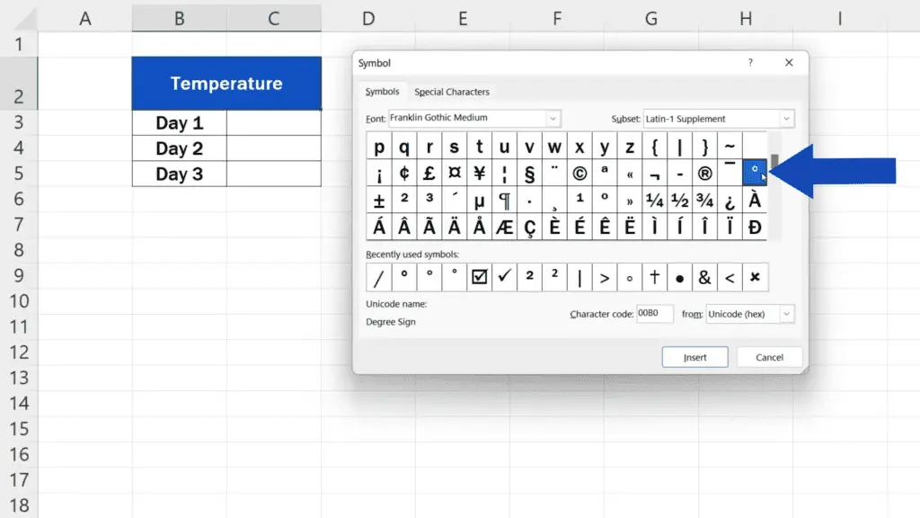 How to Insert the Degree Symbol in Excel -  find the degree symbol