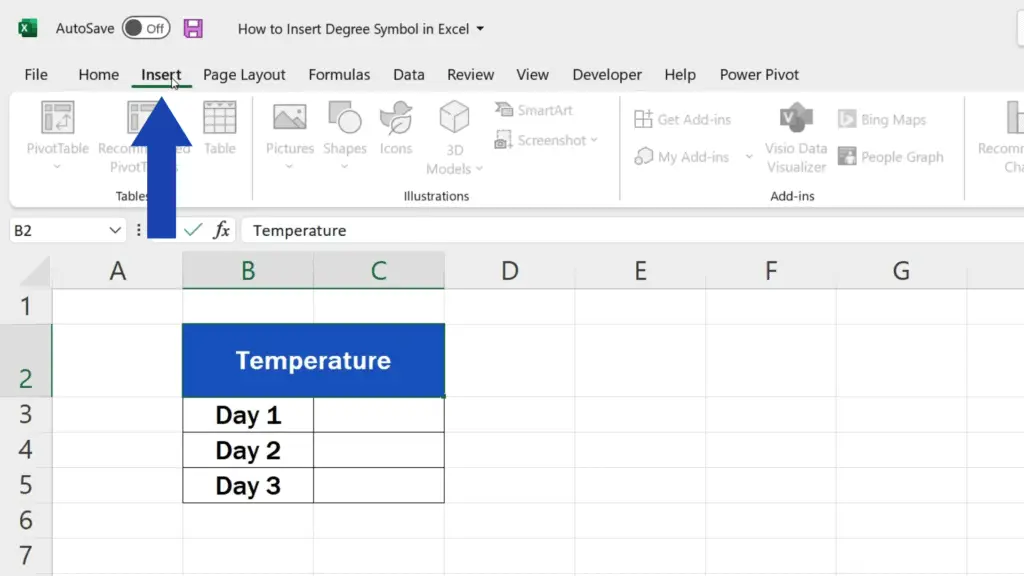 How to Insert the Degree Symbol in Excel -  go to Insert Tab