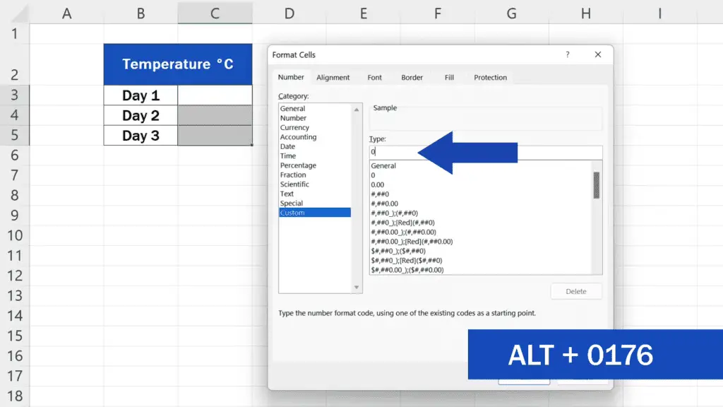 How to Insert the Degree Symbol in Excel - hold the Alt key and, at the same time, type ‘0176’