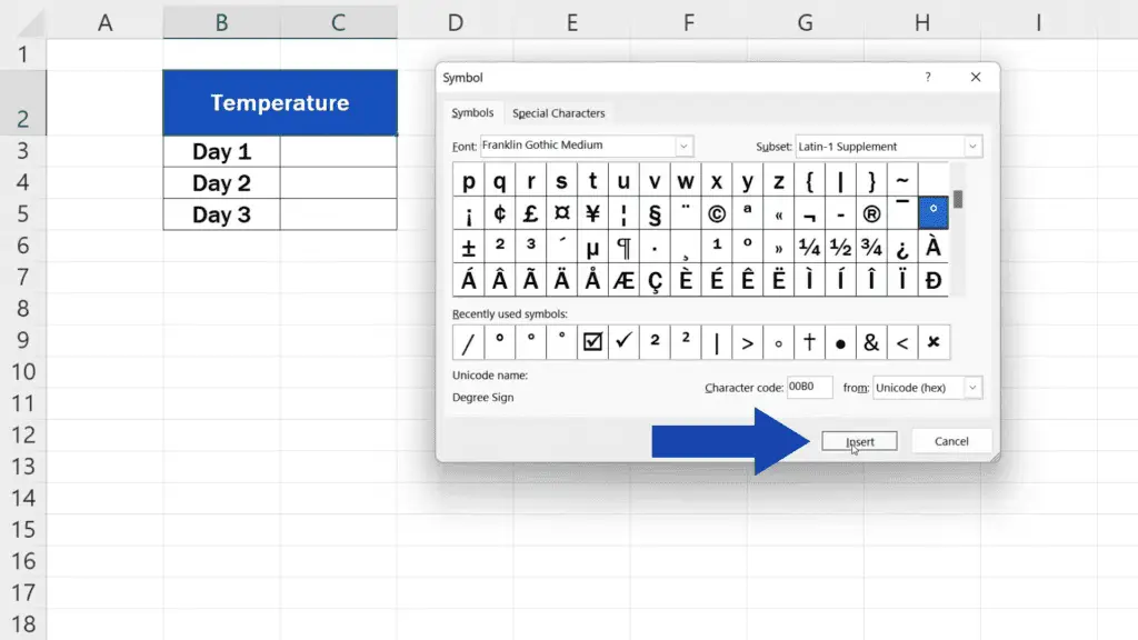 How to Insert the Degree Symbol in Excel - press Insert