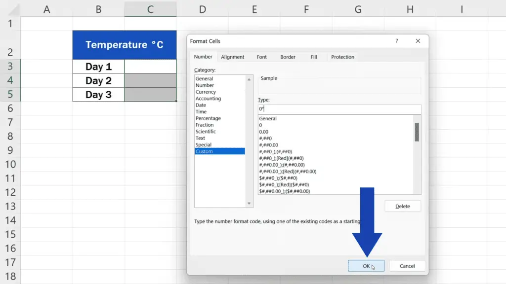 How to Insert the Degree Symbol in Excel - press OK