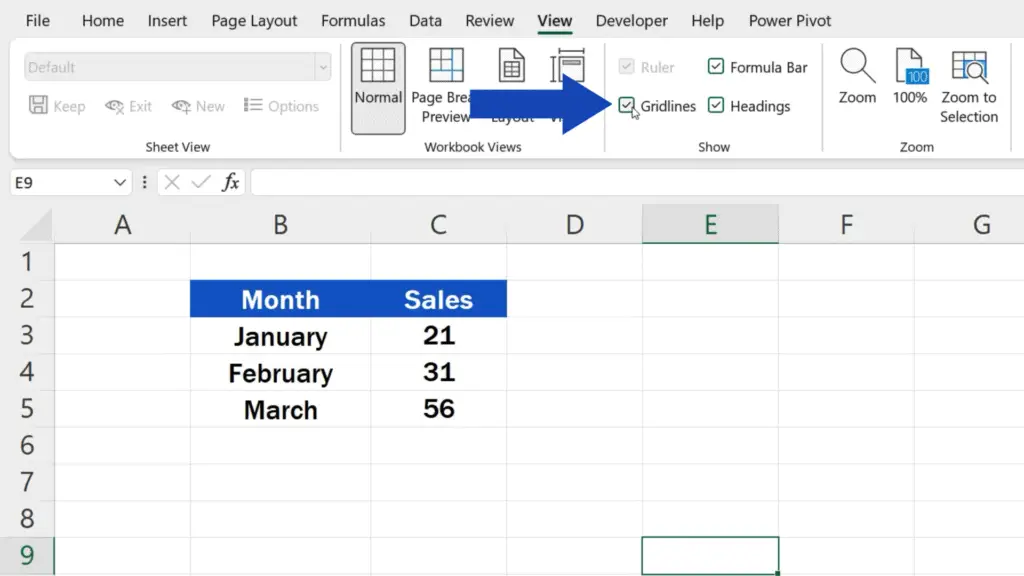 How to Show Gridlines in Excel - select the option Gridlines