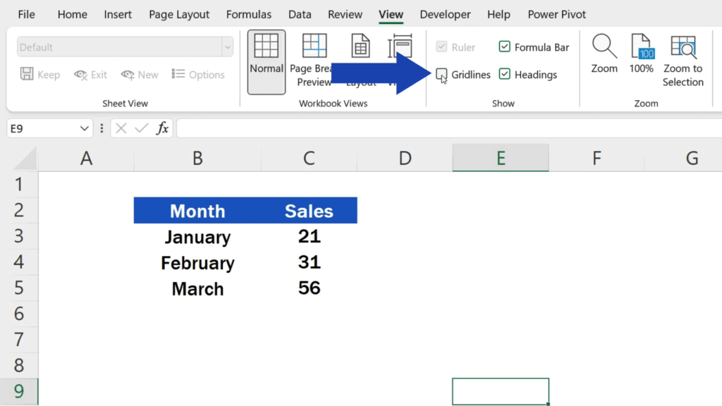 How to Show Gridlines in Excel - to remove the gridlines unselect the option gridlines