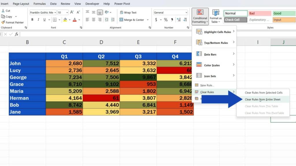 How to Create a Heat Map in Excel - clear rules from entire sheet