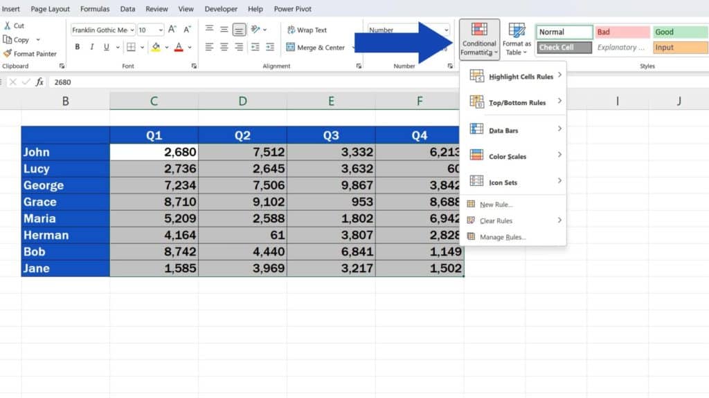 How to Create a Heat Map in Excel - click on Conditional Formatting