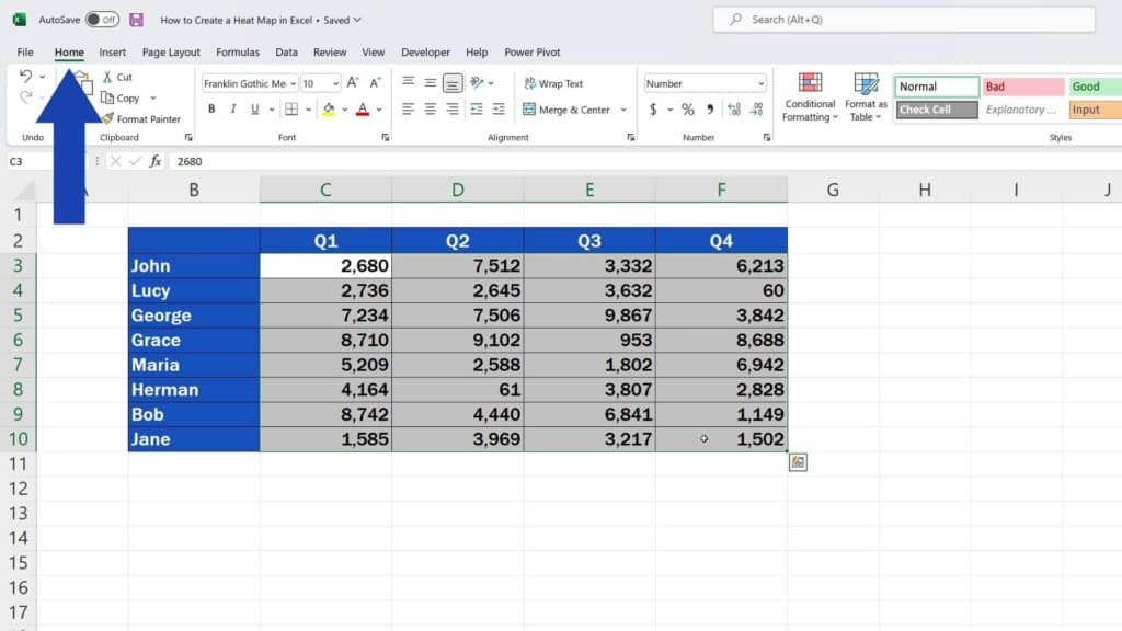 How to Create a Heat Map in Excel - go to Home Tab