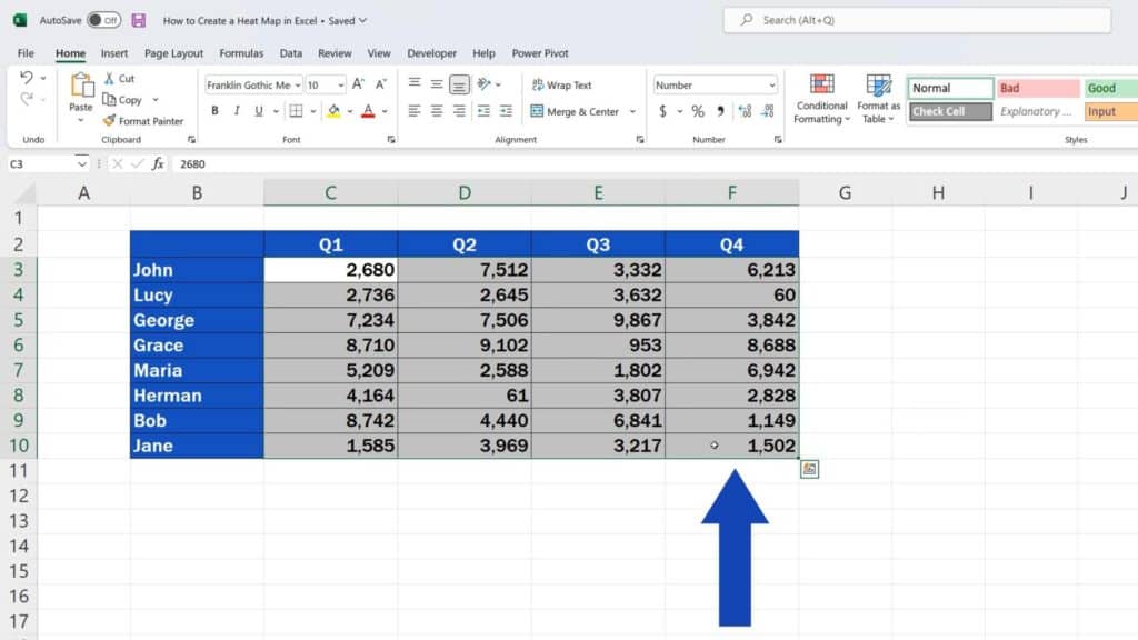 How to Create a Heat Map in Excel - select all the data