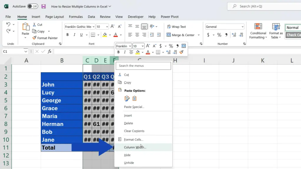 How to Resize Multiple Columns in Excel - Click on ‘Column Width’ and type in the number for the exact width