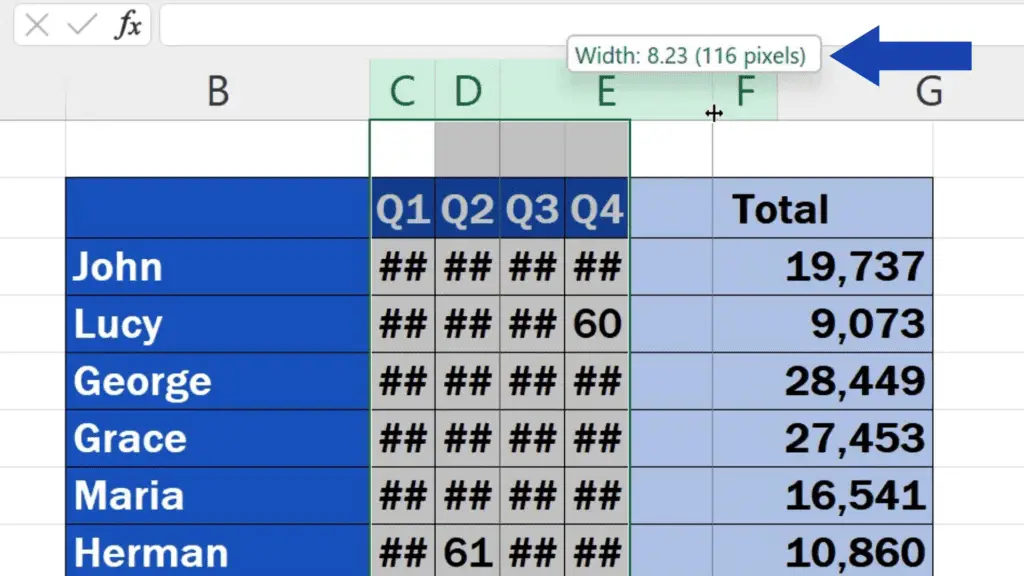 How to Resize Multiple Columns in Excel - click on the left mouse button, hold it and drag the borderline