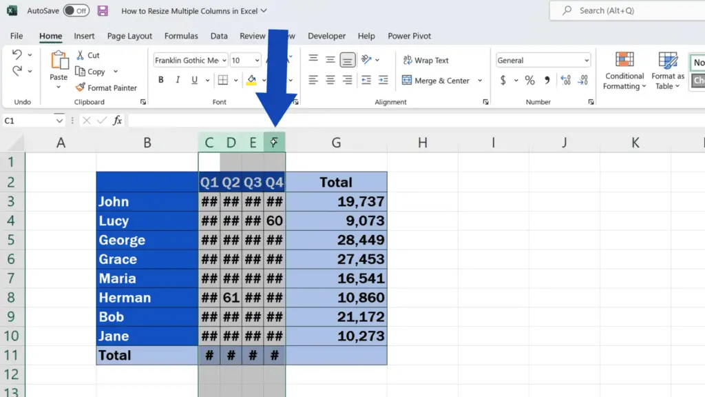 How to Resize Multiple Columns in Excel - drag through the rest of the columns to the right