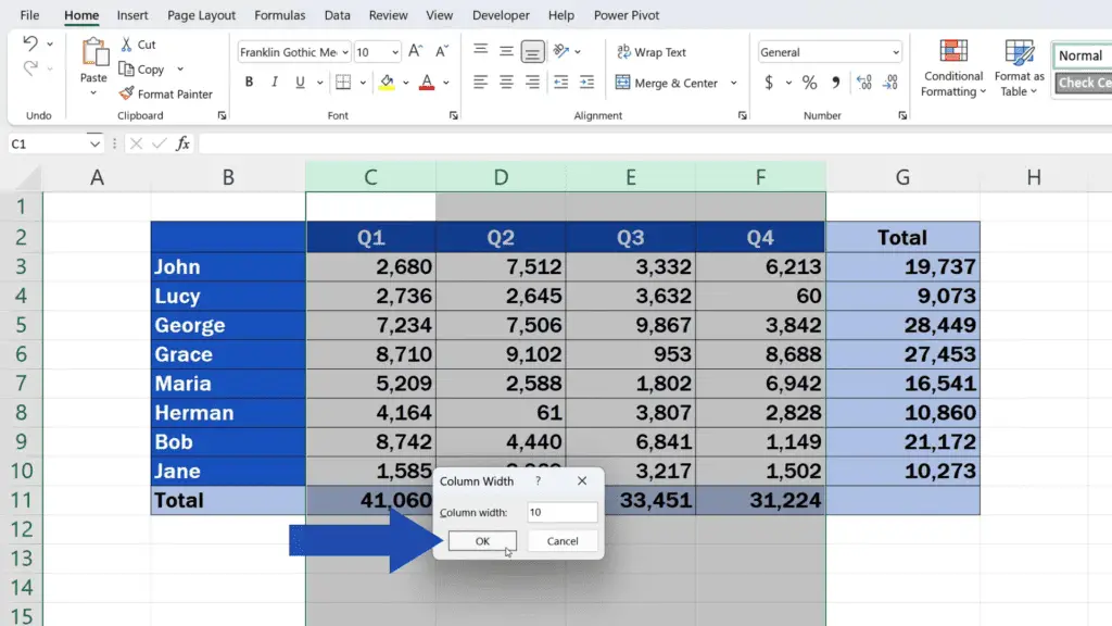 How to Resize Multiple Columns in Excel - press OK
