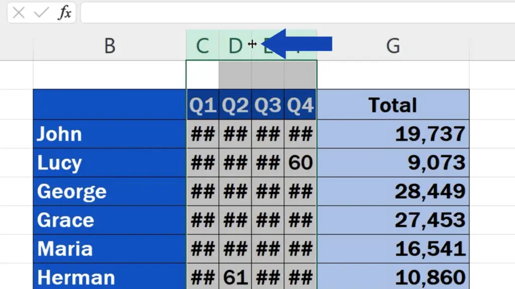 How to Resize Multiple Columns in Excel - set the cursor on the borderline of two columns