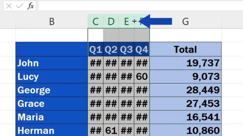 How to Resize Multiple Columns in Excel - set the cursor on the columns borderline to see the double arrow