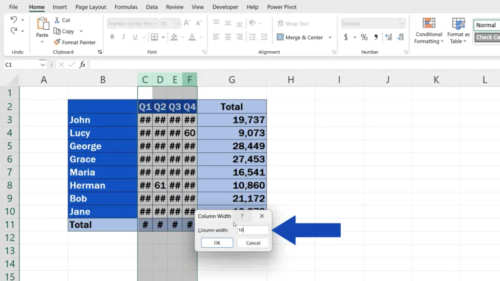 How to Resize Multiple Columns in Excel - type in the number for the exact width
