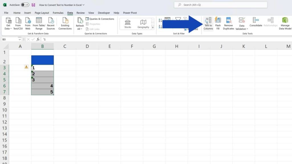 How to Convert Text to Number in Excel-click on the ‘Data’ tab and choose the ‘Text to Columns’ option