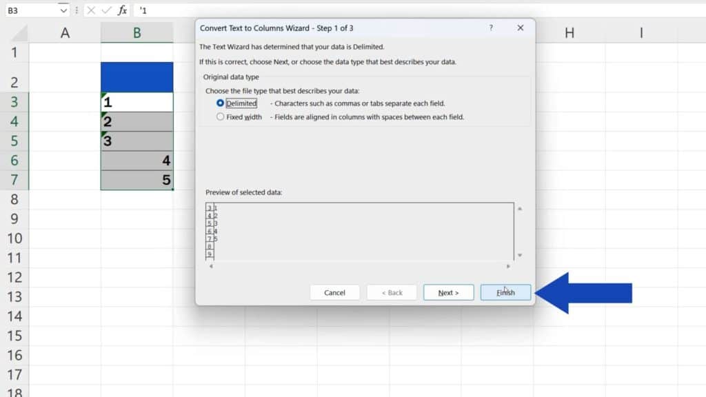 How to Convert Text to Number in Excel - click on the button ‘Finish’