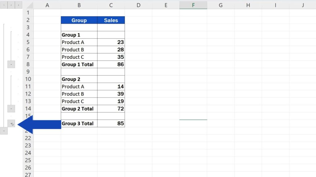How to Group Rows in Excel - Any group can be expanded or collapsed with this plus or minus button