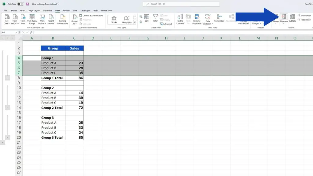 How to Group Rows in Excel - click on Ungroup